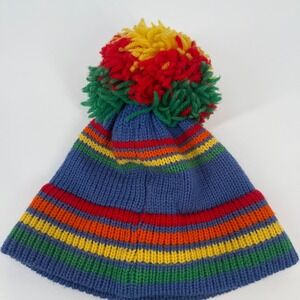 VTG Marceau Sports Blue Rainbow Stripe Knit Wool Beanie Pom‎ Pom Made USA Women